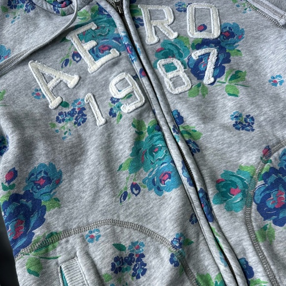 Y2K Aeropostale 1987 Sherpa fur Lined Floral Full Zip Hoodie - Picture 2 of 7